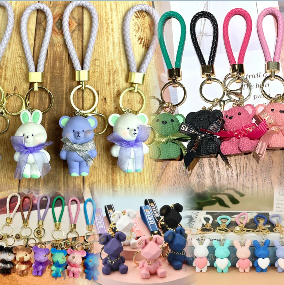 Love Heart Rabbit Keychain 3d Cartoon Resin Bunny Key chains Schoolbag Charm pendant Bulldog Animal Teddy Bear Keychain