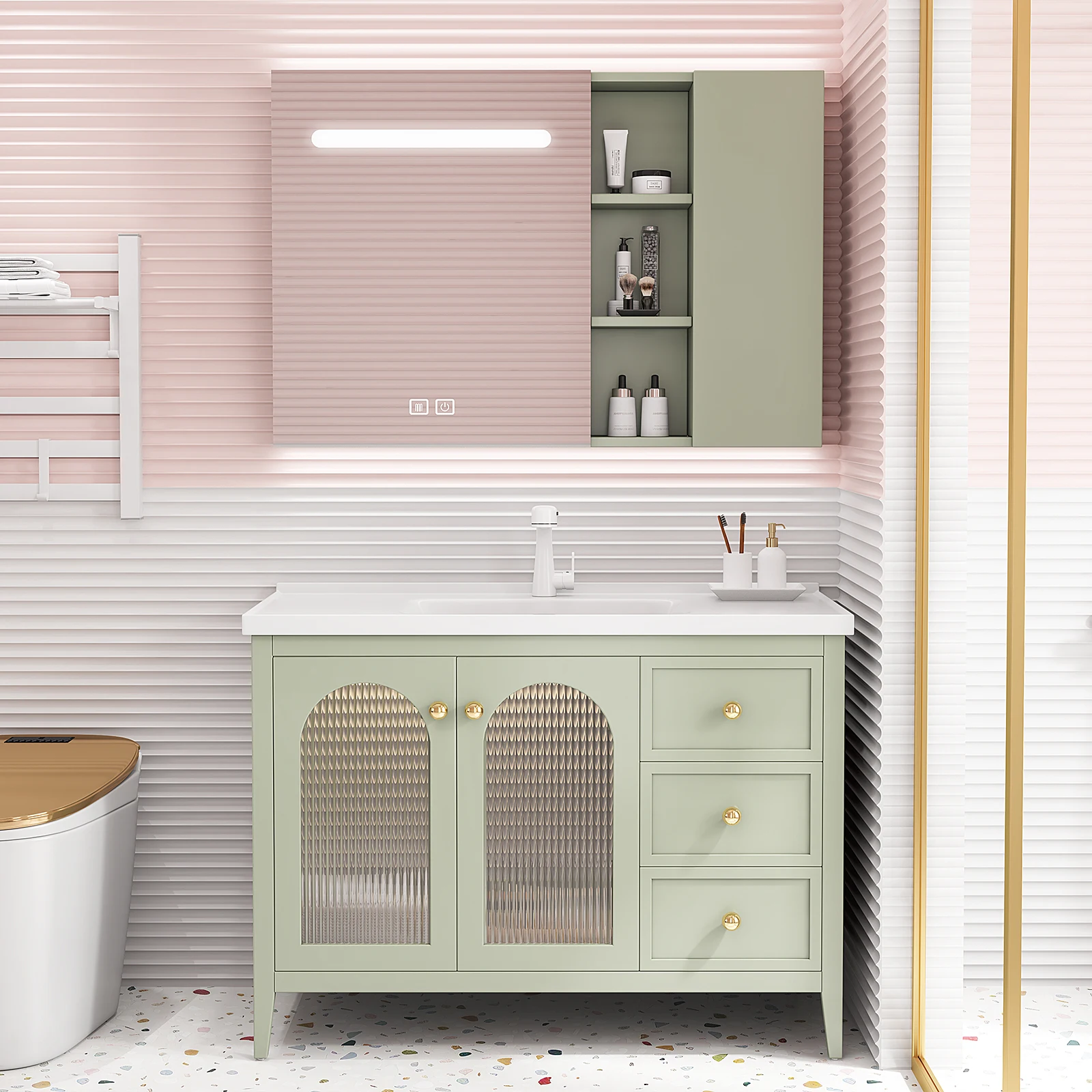 Hot Sale New Design Modern Style Wall Hung Bathroom Light Mirrored Cabinet Makeup Vanity Wooden Bathroom Vanity Cabinet With Leg