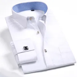Мужская классическая рубашка с французскими манжетами, синяя и белая деловая рубашка для смокинга с длинными рукавами, приталенная Однотонная рубашка с французскими запонками