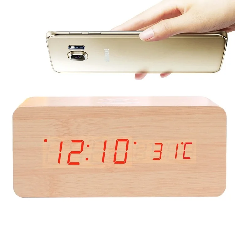 LED digital display wood alarm clock electronic desktop home mobile phone wireless charging clock
