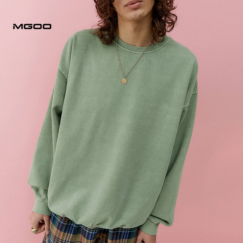 MGOO Cotton Fleece Pullover Drop SHoulder Mens Crew Neck Custom Acid Washed Green Color Sweatshirt