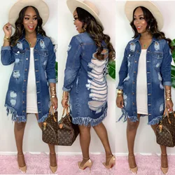 Женская джинсовая куртка, женское джинсовое пальто с дырками, повседневное уличное джинсовое пальто с длинным рукавом