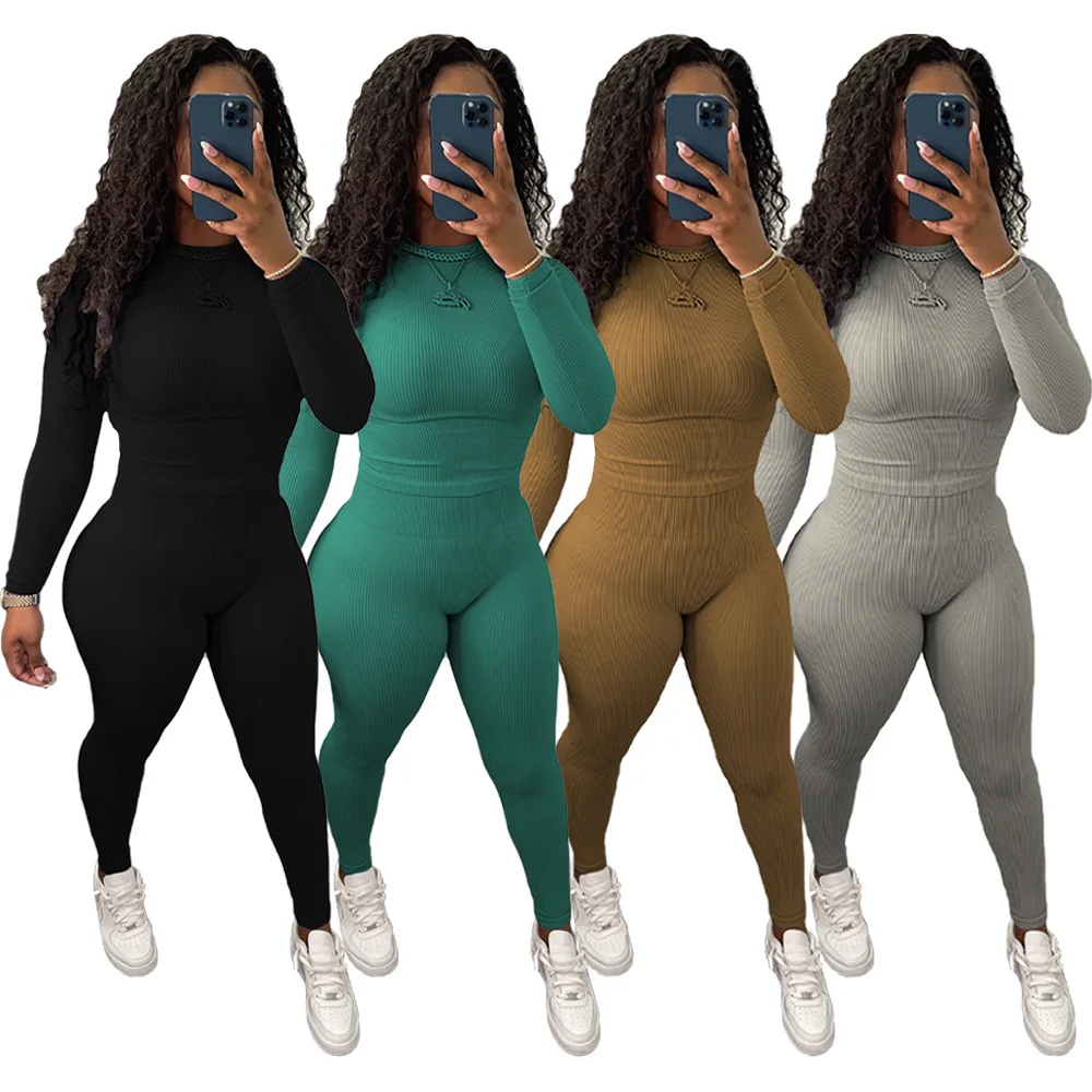 New Arrival Solid Color Ribbed 2 Piece Sets Long Sleeves Bodycon Sets Shirt Top Fall Two Piece Sets For Women AD0701