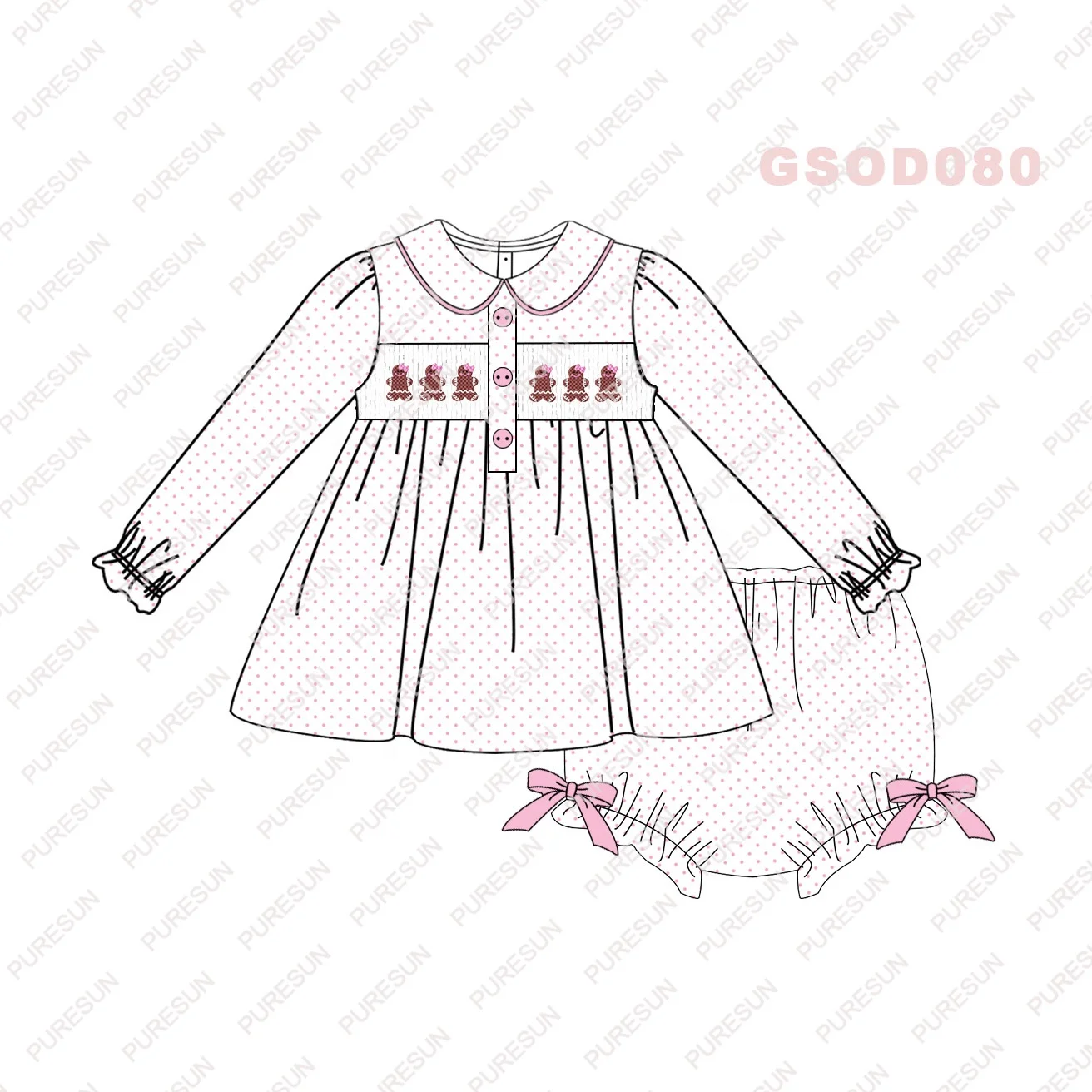 Puresun smocked kids clothing christmas gingerbread smocked children wear fall winter baby girl boutique outfits for custom
