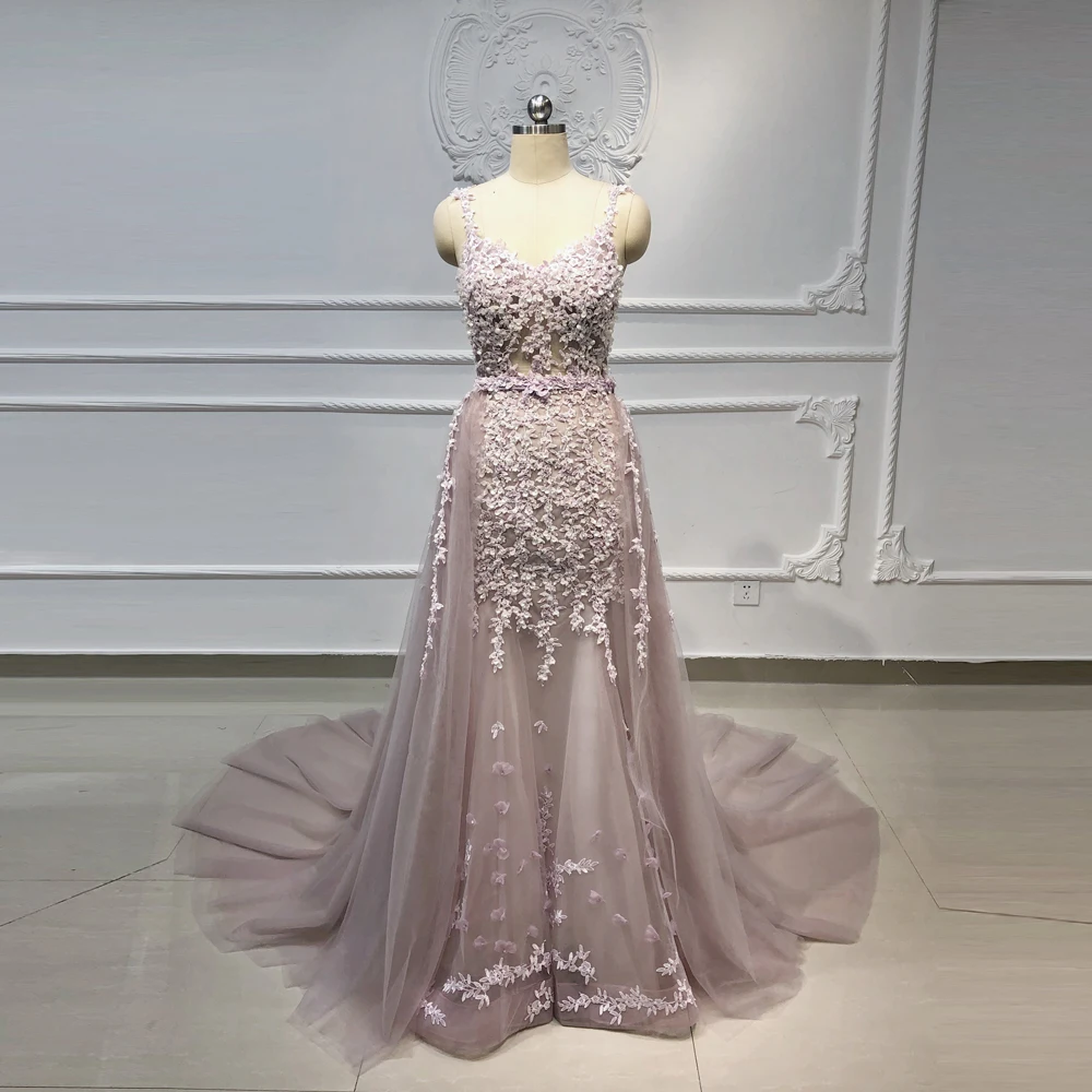 Ruolai OEV-L4293 Spaghetti Strap 3D Flowers Beaded Crystal Mermaid Long Evening Dresses with Removable Skirt