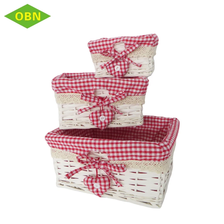 Set 3 decorative striped fabric liner white gift wicker basket for baby with heart decoration