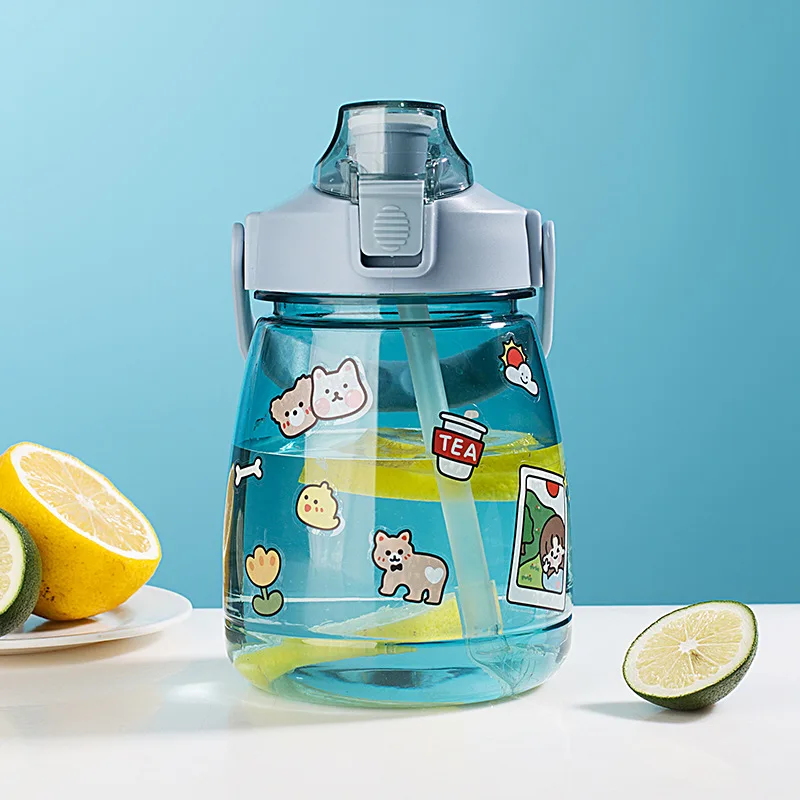 Custom Students Children Strap Straw Cute Large Capacity With Straw Novelty Portable Cartoon Sticker Plastic Water Bottle