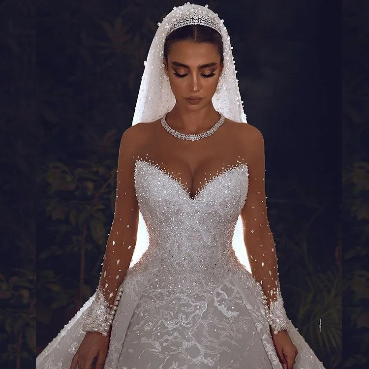 Oceanlux  Dresses Turkey Istanbul China Manufacturer Long Tail Ball Gown Wedding Dress Long Sleeves  Women Dresses