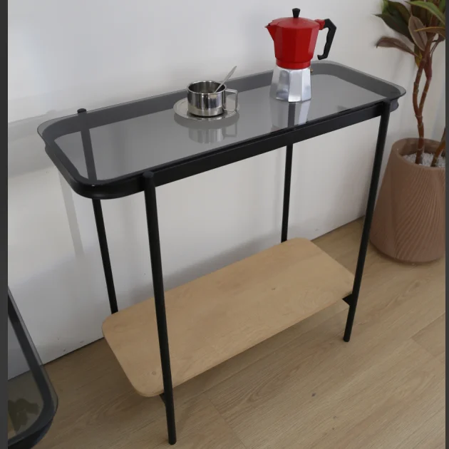 Cheap Wholesale Black Metal Wood With Glass Top Console Table Living Furniture