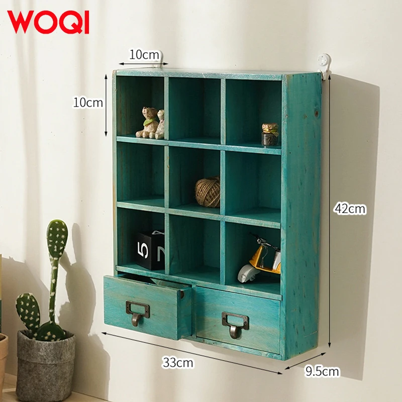 WOQI Vintage Solid Wood Display Shelves with 2 Drawers Wall Mounted/ Tabletop Suitable for All Kinds of Scenes