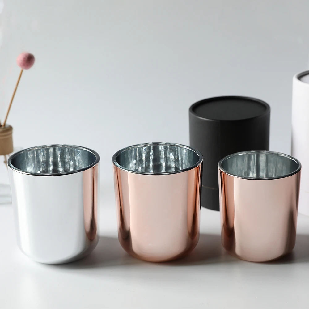 12oz 16oz Electroplated Luxury rose golden and silver round bottom Glass Candle Jars with lid