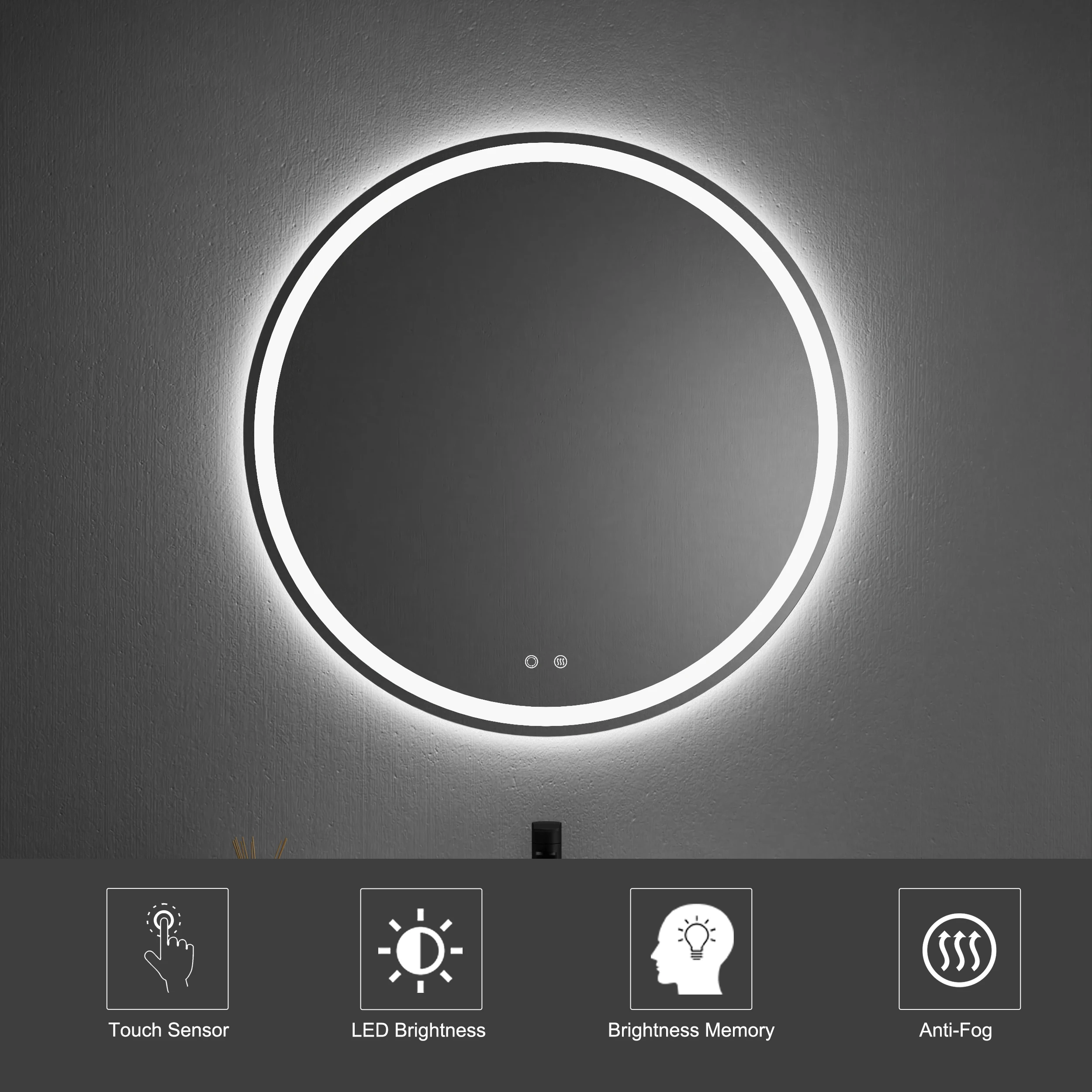 24 Inch Front Backlit Stepless Dimmable Anti-Fog Smart Mirror Touch Screen With Light Round Led Bathroom Mirror