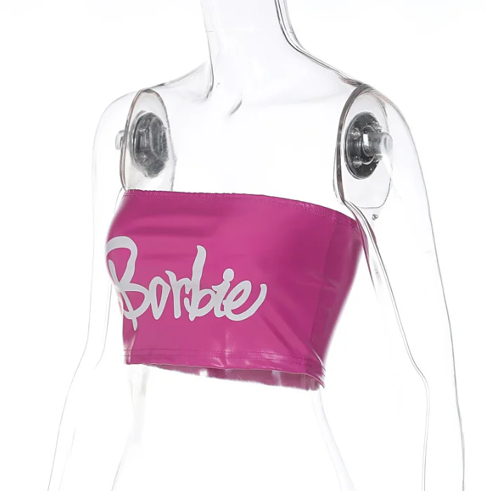 Vintage Sexy Club Leather t shirts Chest Wrap Vest Women Clothes 2023Spring Summer Streetwear Letter Print Pu Leather Tube Tops