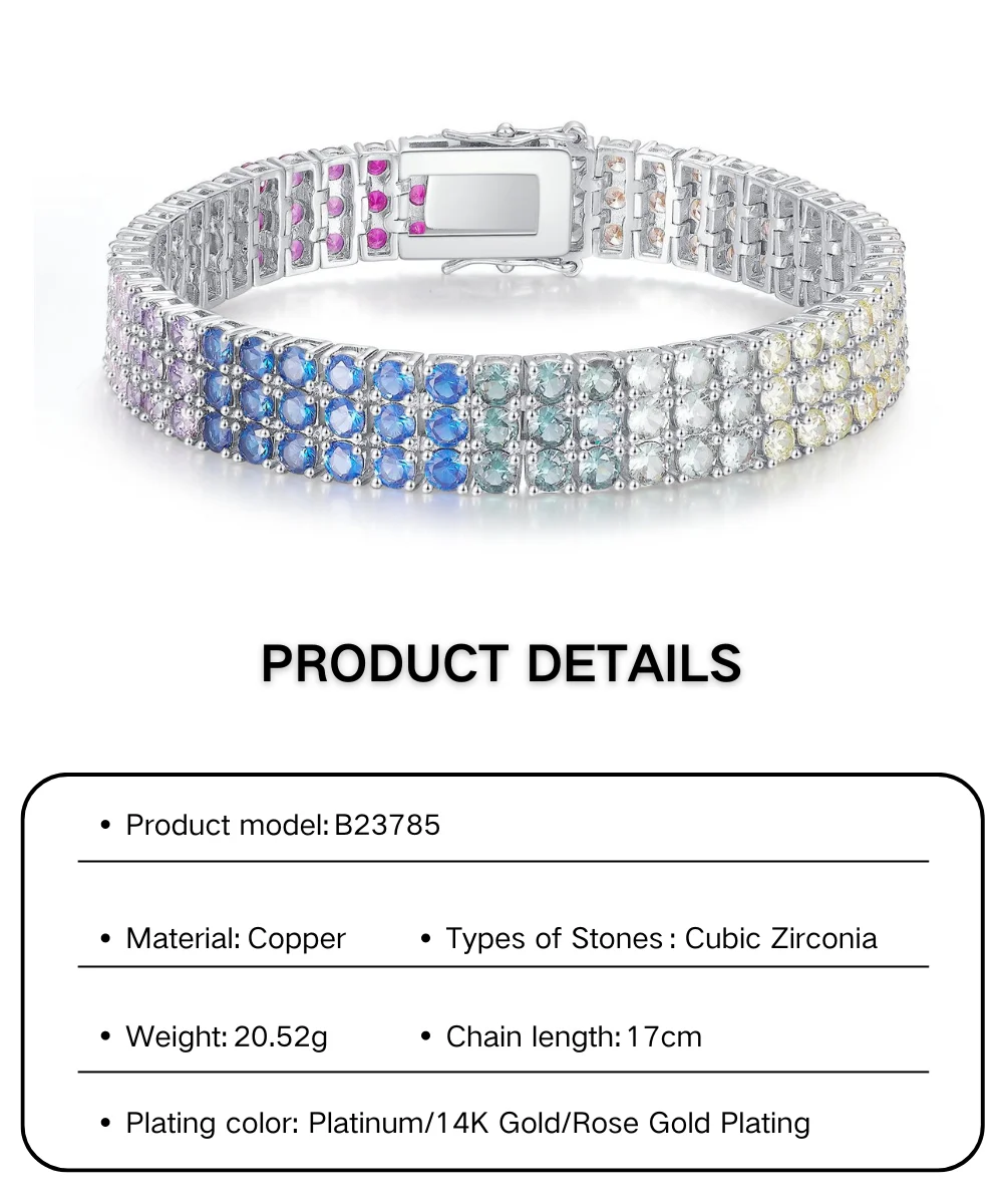 High Quality Color Rainbow Zircon Copper Vintage Trendy Women Moissanite Bracelet Fashion 925 Silver Women Tennis Bracelet