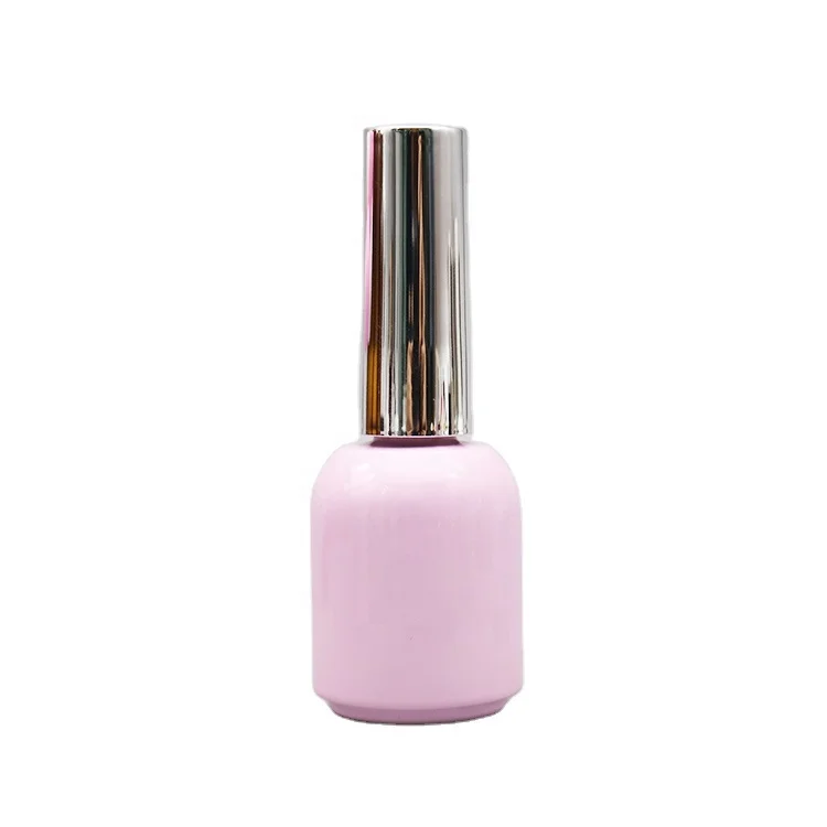 wholesale cute glossy pink color empty round shaped 10ml nail polish uv gel bottle with gel brush and long silver caps
