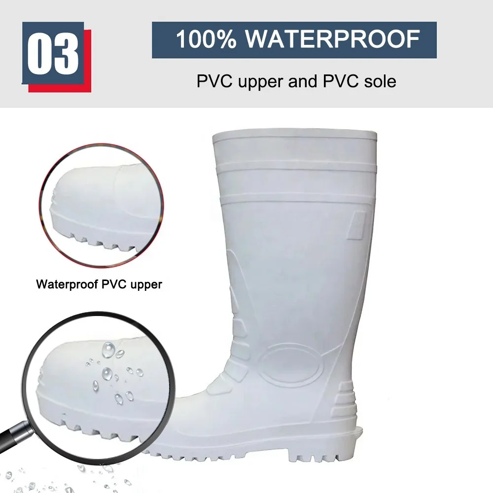 White food industry waterproof chemical resistant puncture proof plastic men pvc safety gum boots with steel toecap