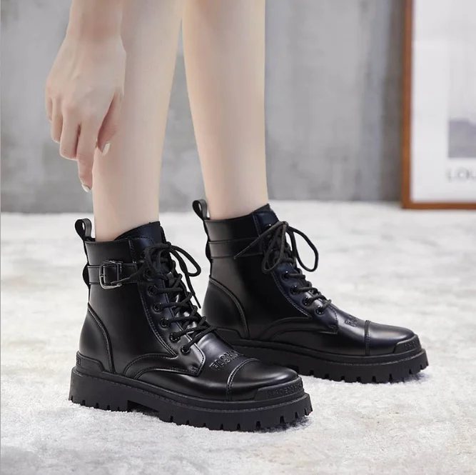 White Lace  Ankle Buckle Pu Flat Winter Women Snow Lady Fashion Casual Combat Boots