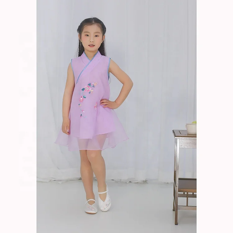 
Chinese wholesale Qipao For Girls Sleeveless Party dress embroidered lace cheongsam dress for kids prom wears 