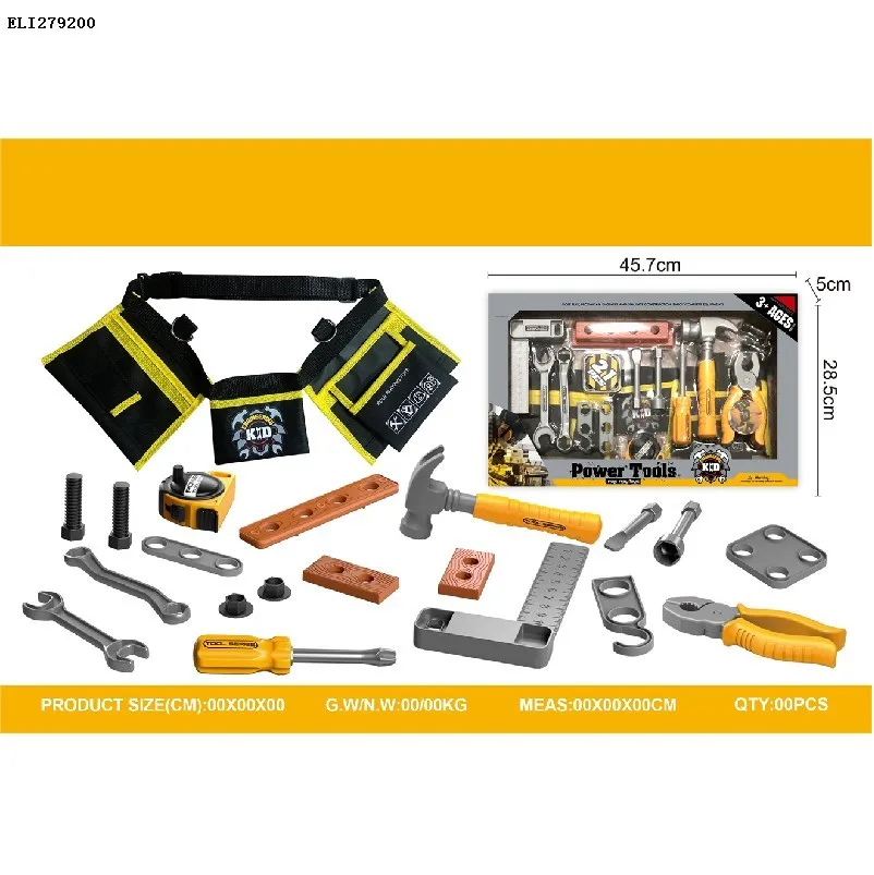 Children portable deluxe plastic toddler boy pretend play engineering tool box chainsaw toy set with 3 * AG13 Batteries