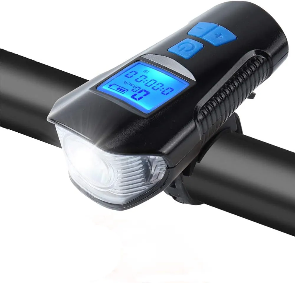 Waterproof Bicycle Light USB Rechargeable Bike Front Light Flashlight with Computer LCD Speedometer Cycling Head Lantern Horn