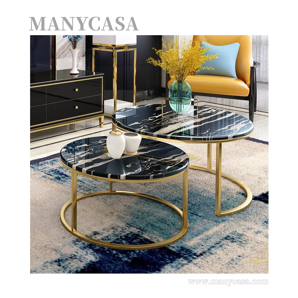 Luxury Round Coffee Table Sets Living Room Metal Stainless Steel Frame Rose Gold Marble Top Sofa Side Table