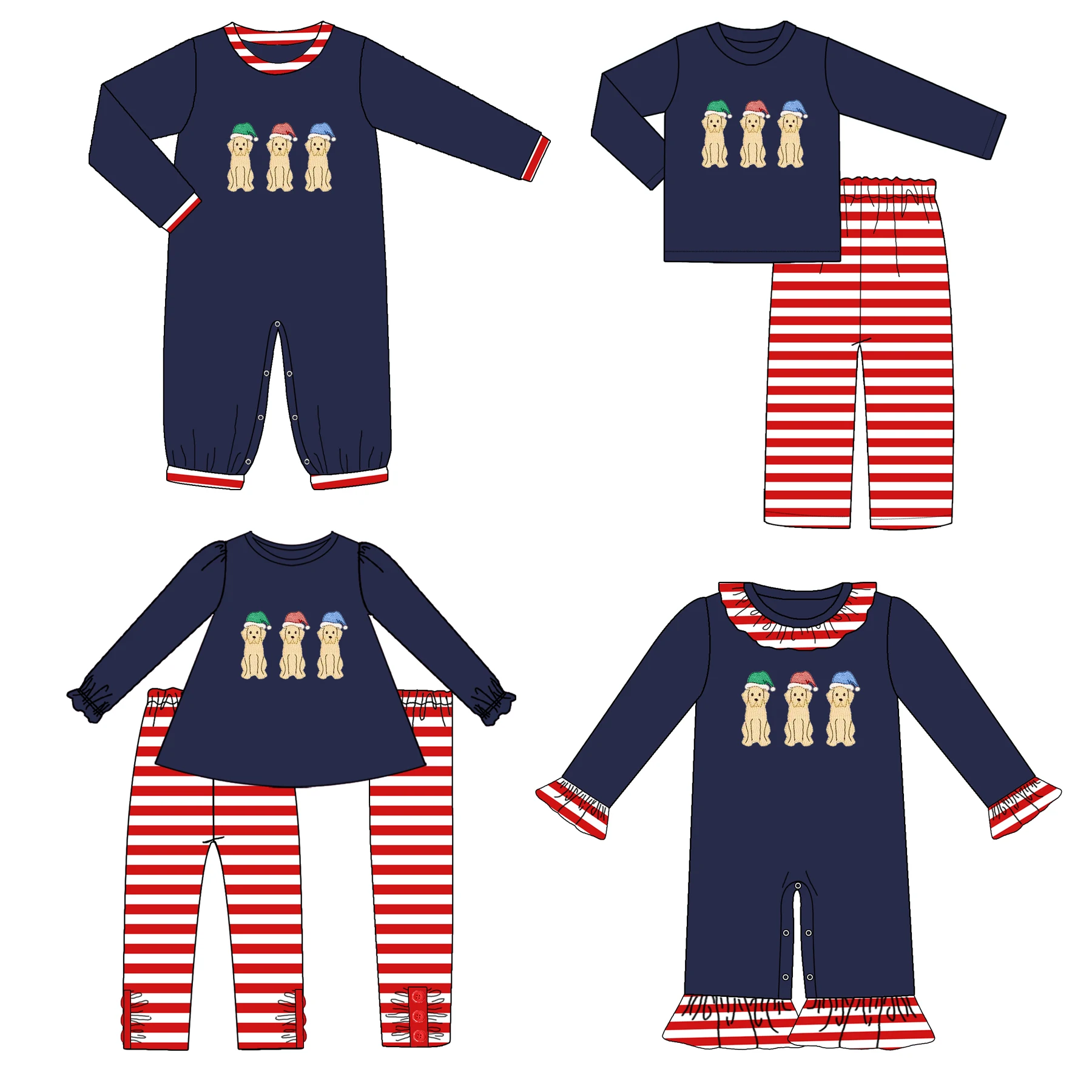 Adorable Children Christmas Clothes Wholesale Baby Clothes dogs Applique Brothers And Sisters Matching Sets