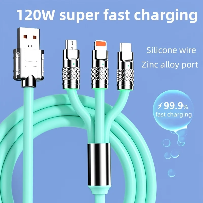 3A 120 Вт usb-кабель для быстрой зарядки Цветной силиконовый кабель 3 в 1 Тип c зарядный iphone 15 14 13 12 11