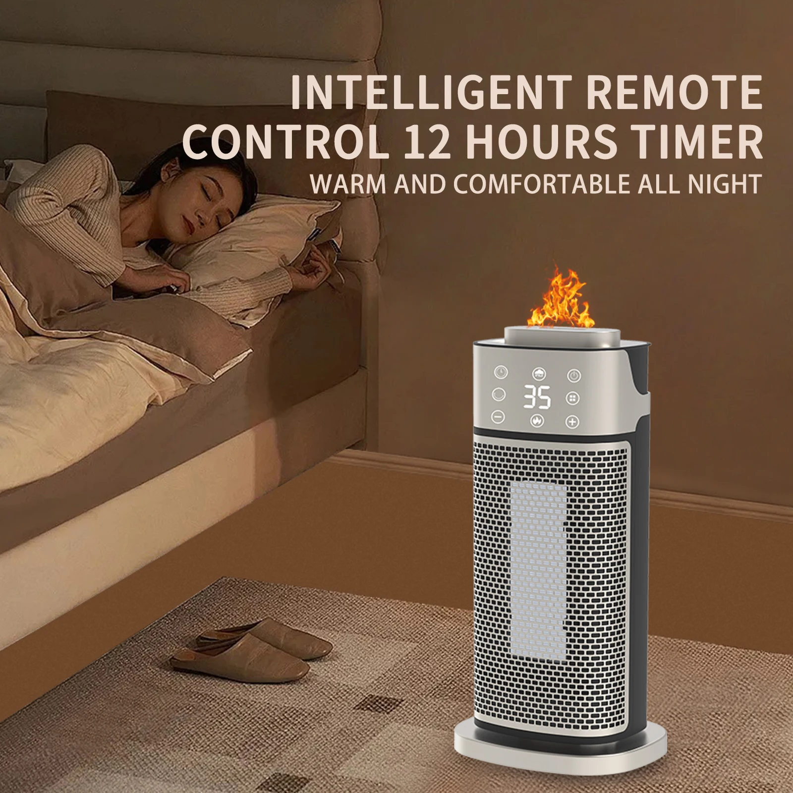 2000W Touch Screen  Portable Electric PTC Ceramic Heater with 3D Flame Humidifier Remote Control and Timing for Bedroom EU UK