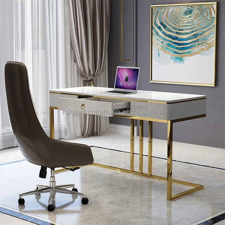 Minimalist Design Office Desk White Lacquer Ready Made Computer Desk With Drawers Office Home Furniture Shiny Titanium Desk