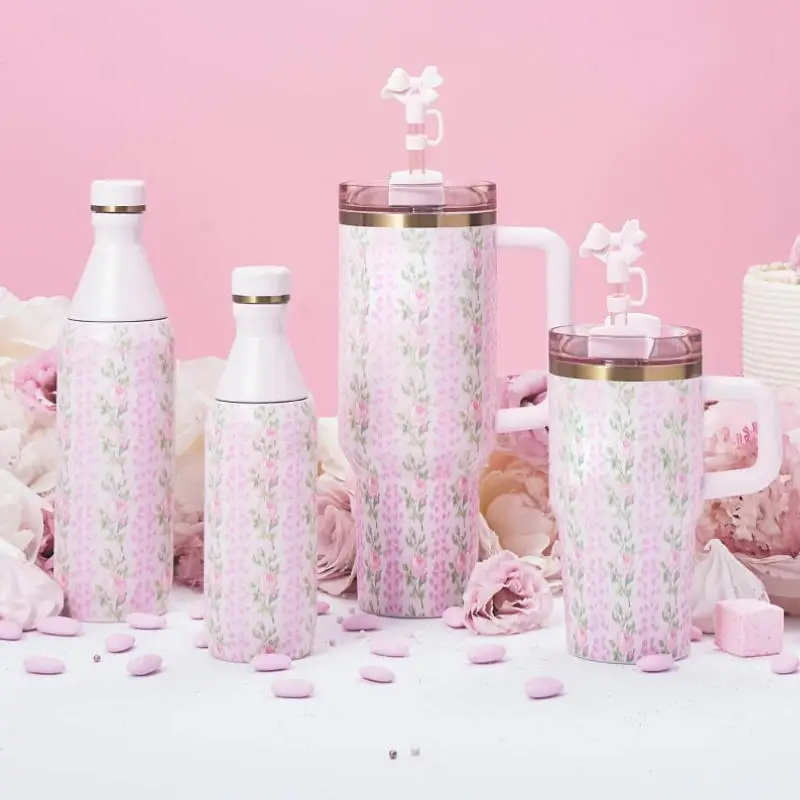 New H2.0 Stainless Steel Gold Copper 14oz 20oz Kids Tumbler Kids Water Bottle With Handle Custom Flower Pattern Back To School