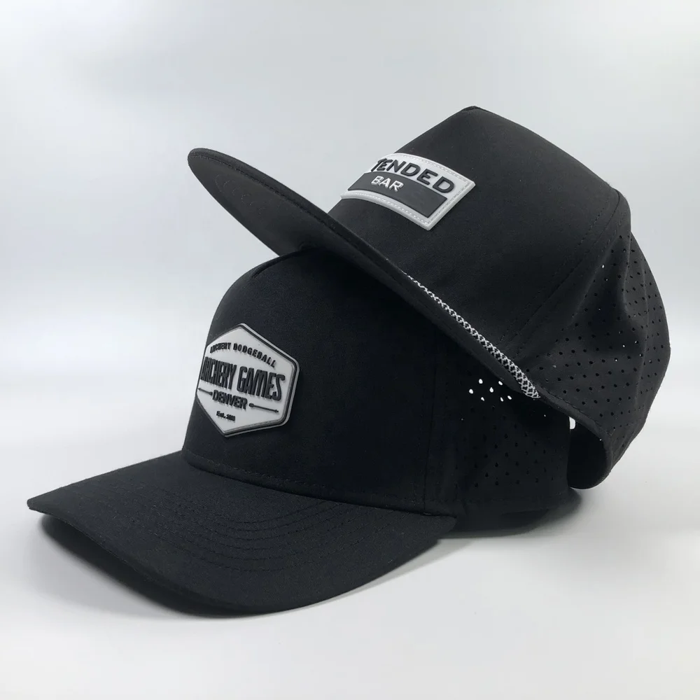 OEM high quality fashion black 5 panel polyester waterproof sport hat custom rubber pvc patch logo laser cut baseball cap