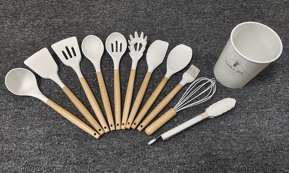 Non-stick Kitchen Utensil 12 Pcs Cooking Utensils Set Heat Resistant Cookware Silicone Kitchen Tools with Wooden Hold