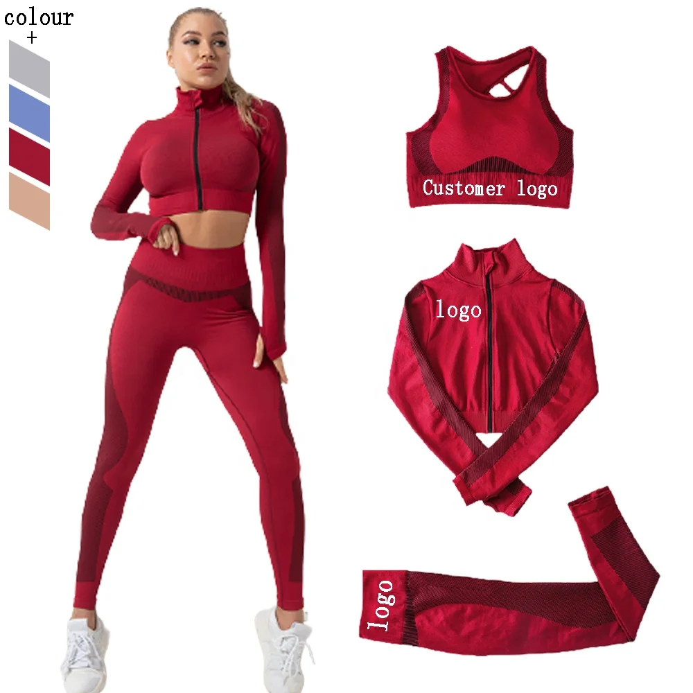 Womens Tracksuit Workout Outfits Clothes - 3PCS Seamless Long Sleeve Crop Top High Waist Seamless Activewear Yoga Set