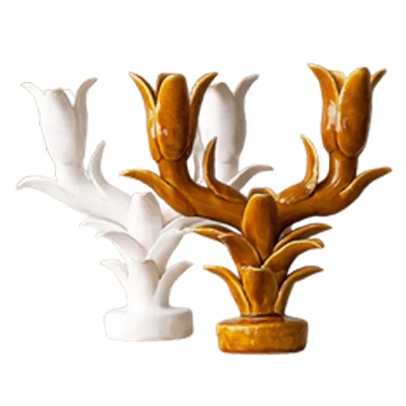 Custom green tulip candelabra ceramic black magnolia pillar candle stand porcelain white floral taper candlestick holder