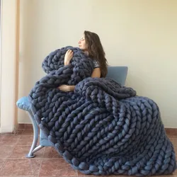 Wholesale Polyester Chunky Knit Blanket Chenille Throw Soft Wool Knit Throw Blanket