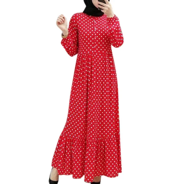 H & D New New style Muslim Women Long Sleeve Dress Popular Polka Dot Ruffled Pleated High Waist Casual Dress For Summer