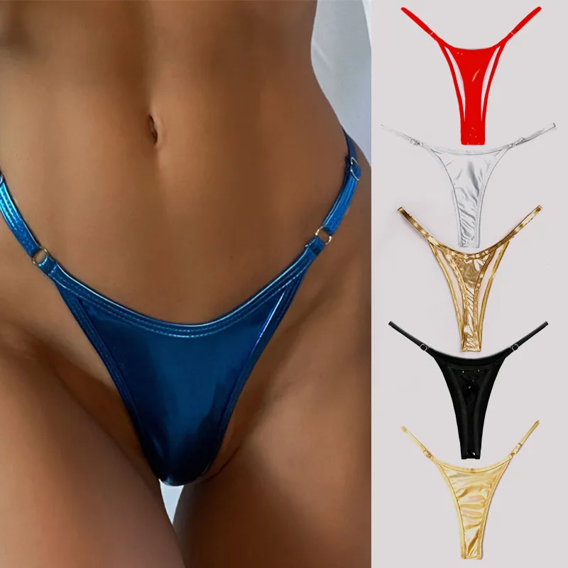 Women Sexy Thong Bikini Womens High Waist Adjustable Straps T-Back Micro Briefs Fashion Young Girl Shiny G-String Swimwear