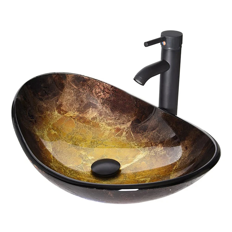 Luxury Good Quality Modern Oval Art Basin Ceramic Gold Black Bathroom Sink Countertop Hand Wash Basin