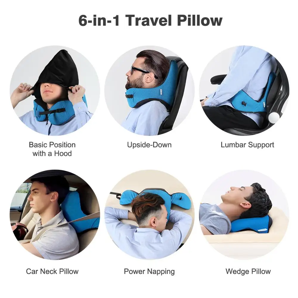 Patent 6-in-1 Memory Foam Travel Pillow with Detachable Hood Adjustable Airplane Pillow Hot sale Car Headrest Pillow Custom