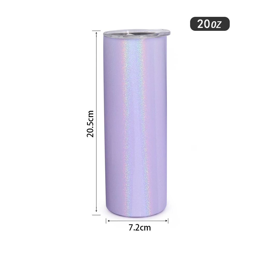 STOCKED 20oz rainbow glitter Shimmer sublimation skinny tumbler cup with lid and straw us warehouse