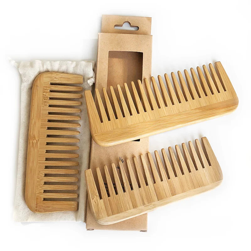 Ready To Ship Custom Logo Eco-friendly Natural Bamboo Wide Tooth Wooden Hair Comb
