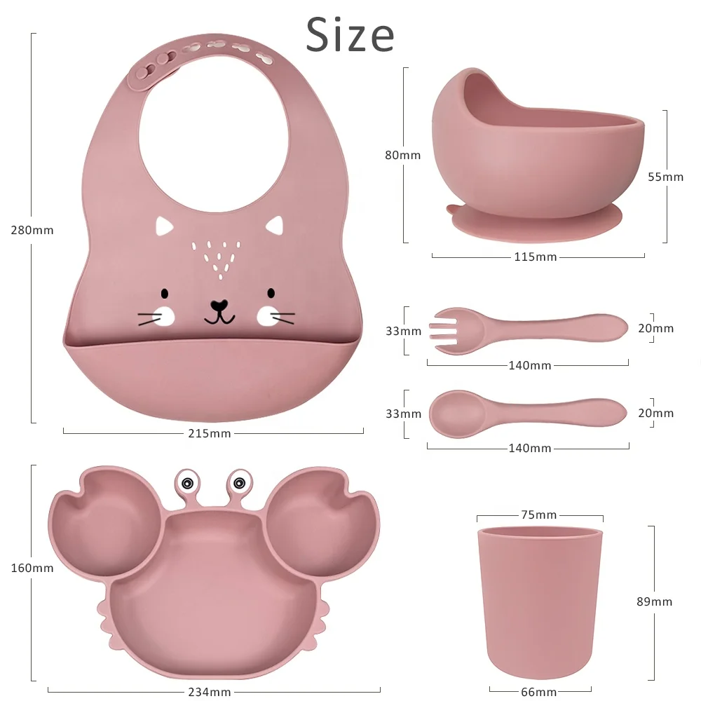 6 Pack Silicone Baby Feeding Set Silicone Cups Baby Bib Set Animal Pattern Printed Suction Bowl Dish Plate Silicone Baby Spoon