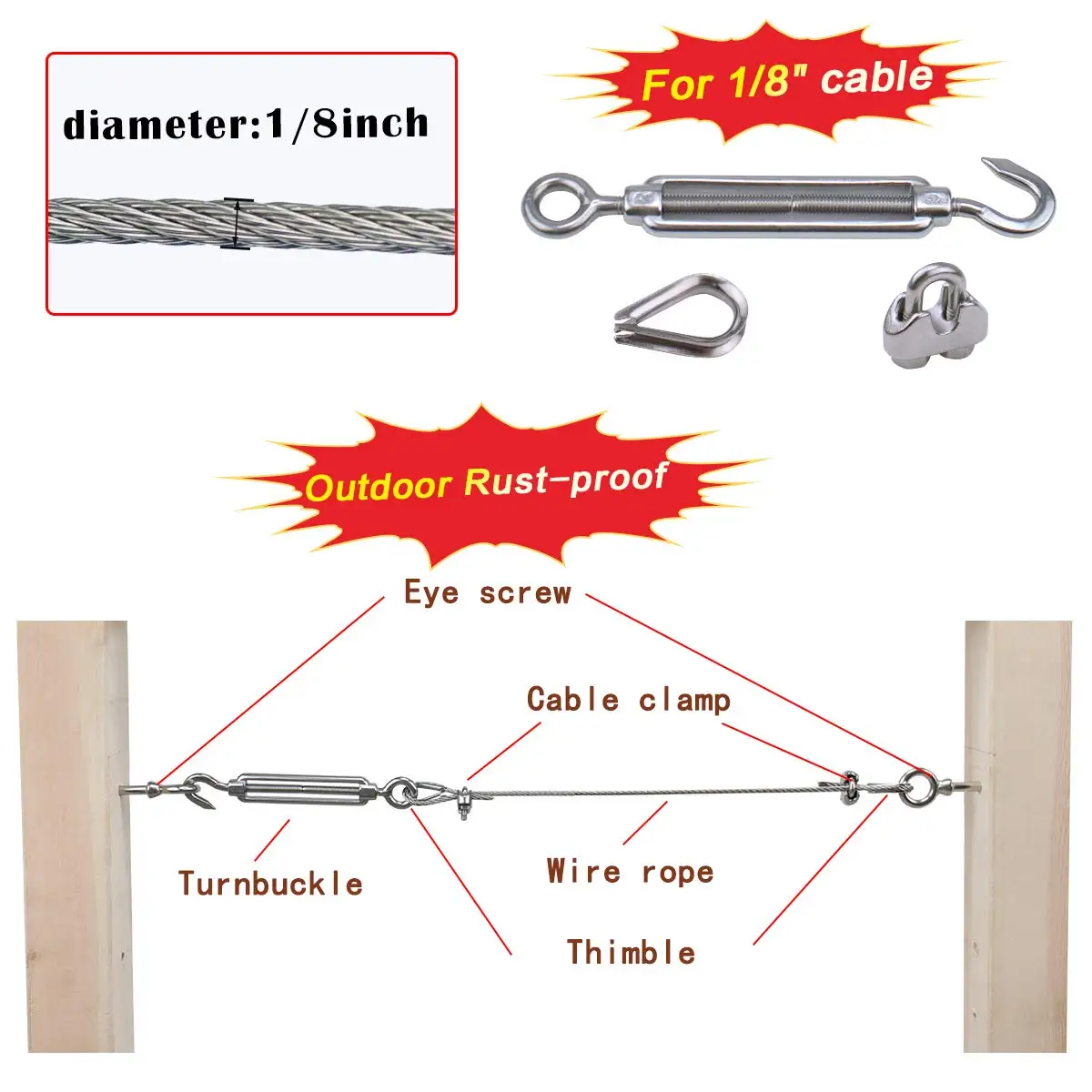 TAKA Stainless Steel Turnbuckle Tension Hook and Eye Cable Clip Clamp Thimble for Tightening Wire Rope String Cable Railing Kit