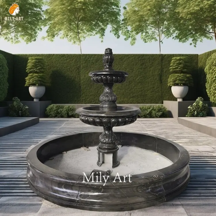 Hand Carved Natural Black Marble Stone Water Fountain for Outdoor Decoration