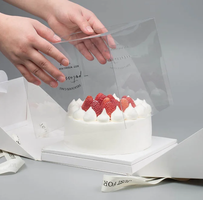 Luxury Front Clear Window Gift Box Custom Rigid Cardboard Baking Packaging Mini Cake Box With Ribbon Handle