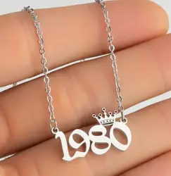 Silver Titanium Jewelry Birthday Gift Personalized Digital Pendant Stainless Steel Year Crown Necklaces for Women Girl 1980-2019