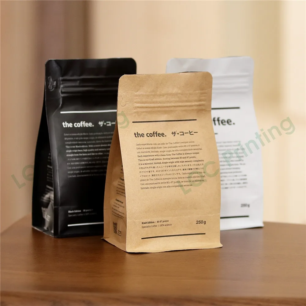 Customized flat bottom paper kraft package valve coffe bean pouch packaging bag smell proof with valve and zipper