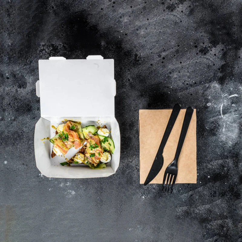 Raw Material White Craft Take Away Kraft Paper Food Packing Disposable Paper Cup Lunch Box With Cutlery