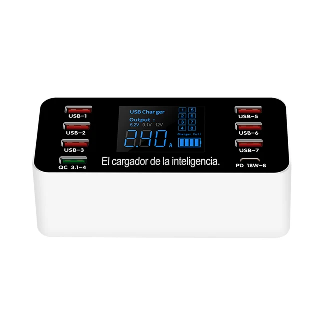 USB зарядная станция 8-портовый 60W/12A USB для зарядки и передачи информации, несколько портов USB-A зарядная станция с ЖК-дисплеем для смартфонами, планшетами под управлением ОС