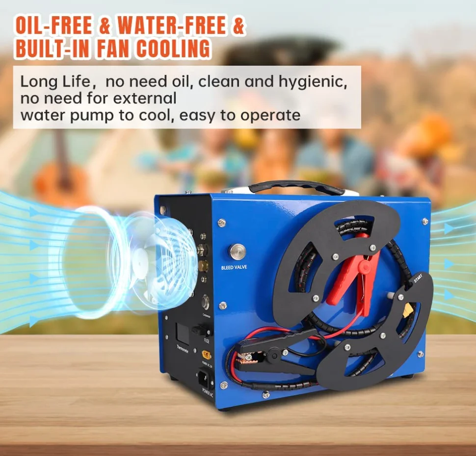 PCP  compressor, pcp 12v 300bar automatic stop, no oil/water, 4500Psi/30Mpa, 8MM, suitable for paintball/PCP, 220V AC or 12V